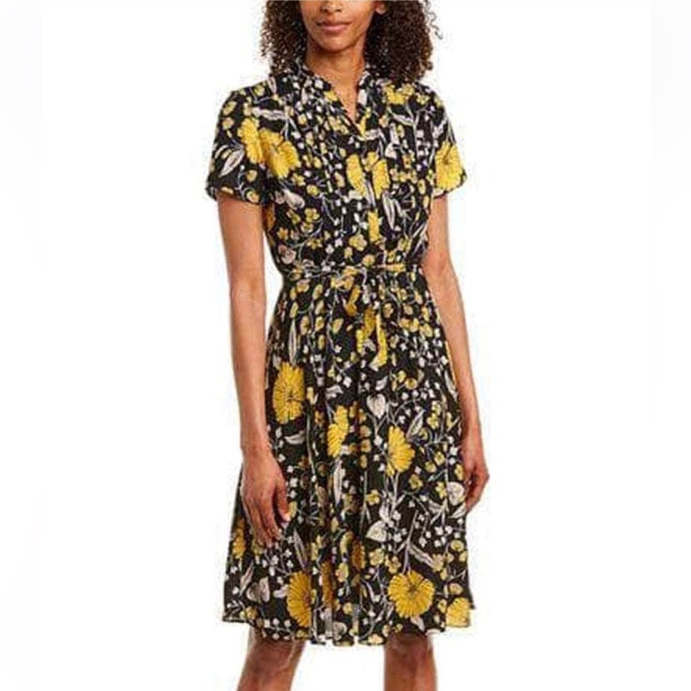 Nanette Lepore Dark Floral Belted Shirtdress Size 2 Short Sleeve Yellow/Black